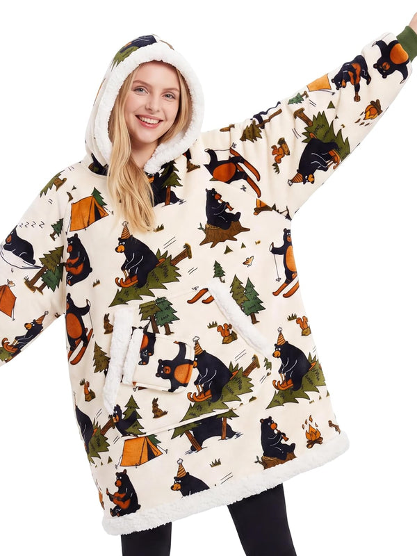 Beige Camping Bear Fluvy Hoodie