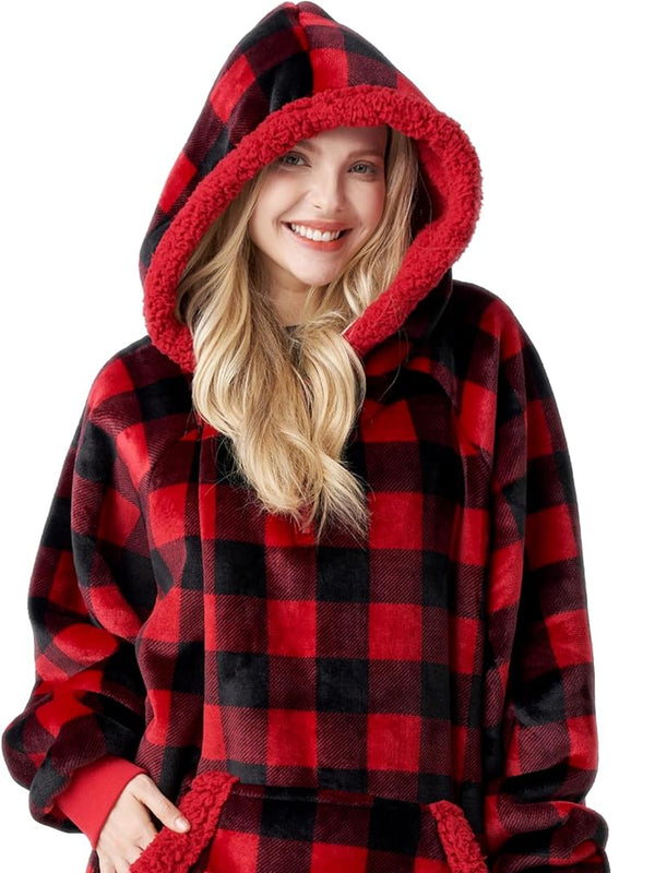 Red & Black Plaid Fluvy Hoodie