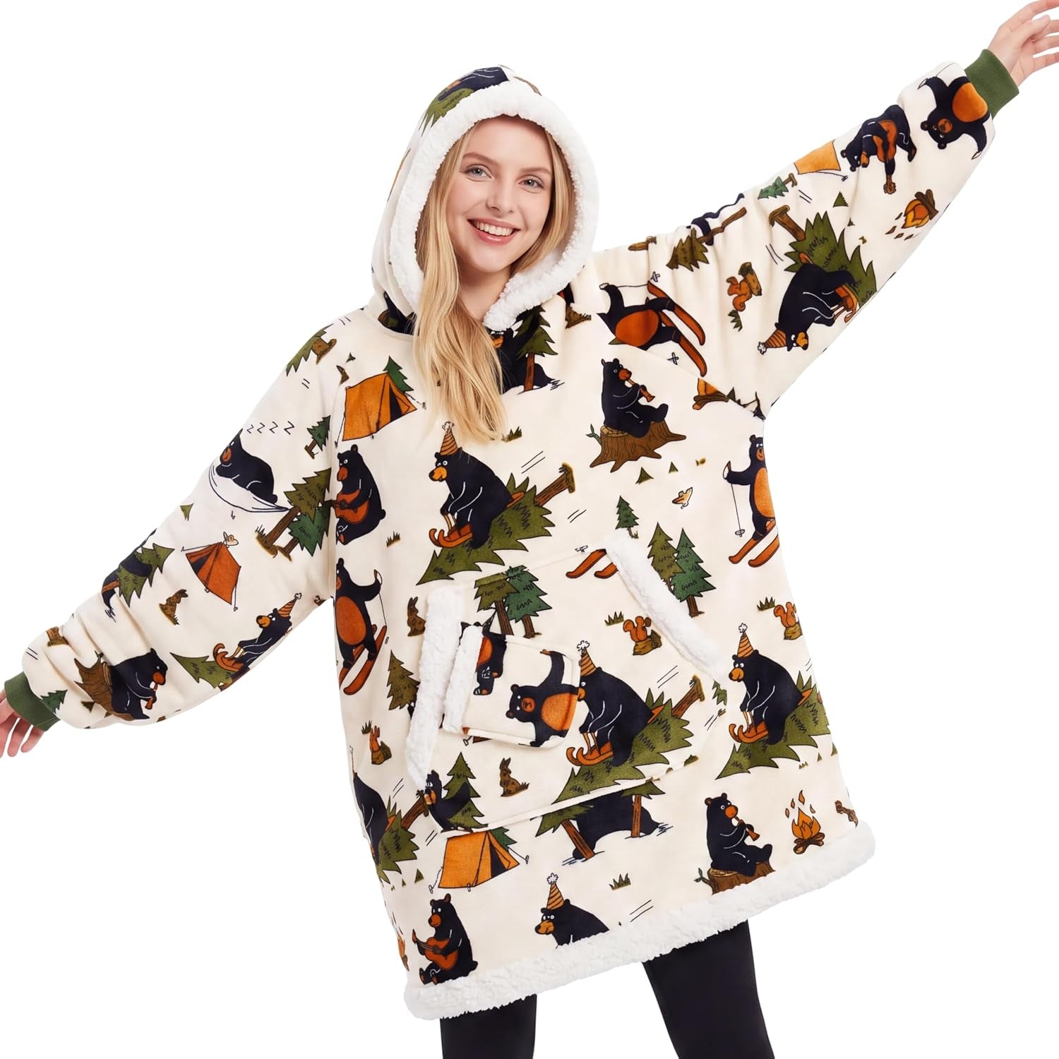 Beige Camping Bear Fluvy Hoodie