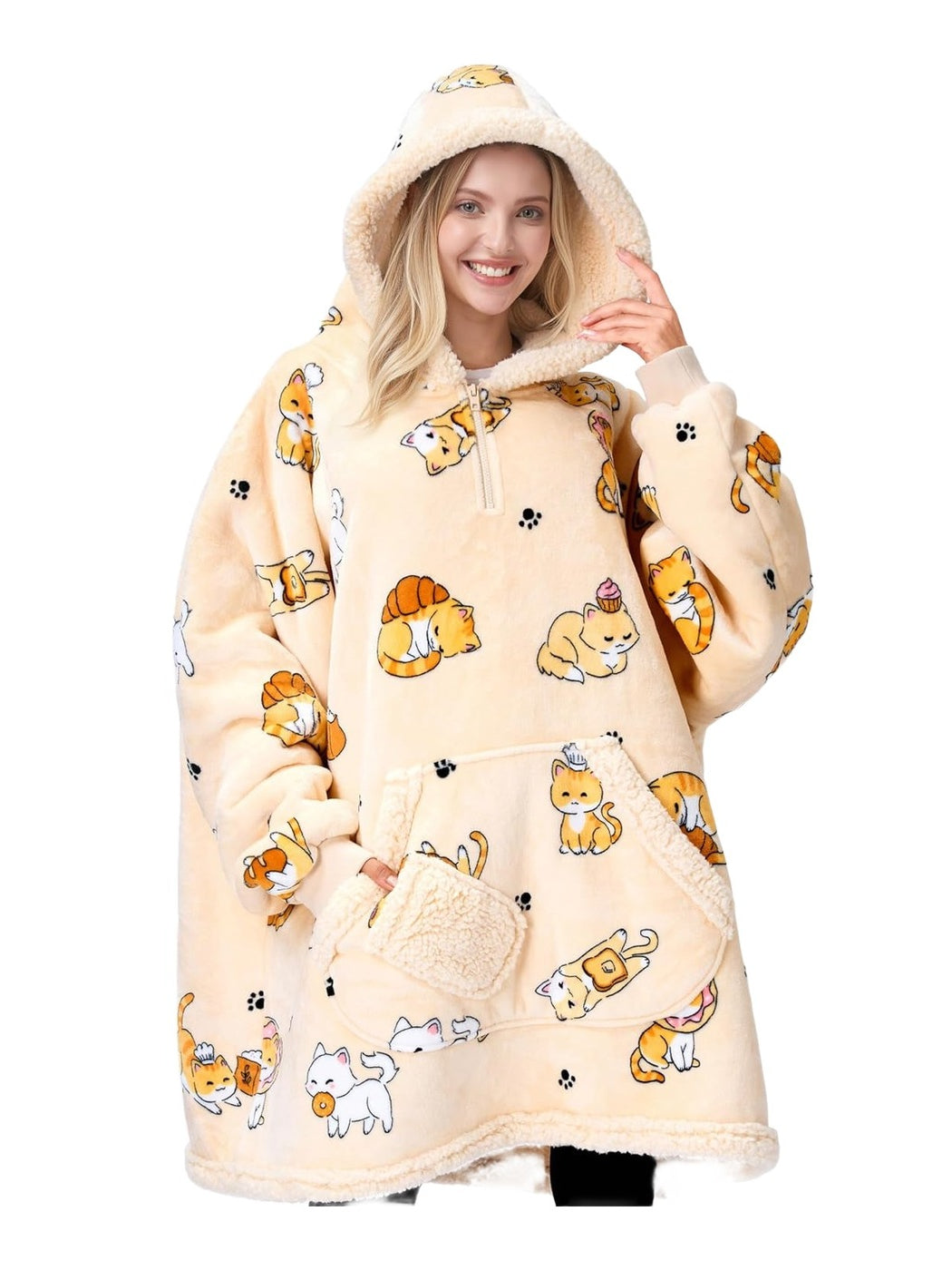 Beige Cat Fluvy Hoodie